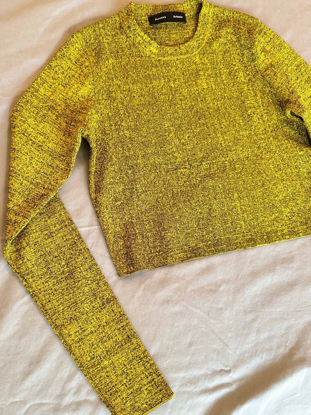 PROENZA SCHOULER Neon Yellow Marled Stretchy Thick Knit Crop Top w Long Sleeves - Picture 3 of 13